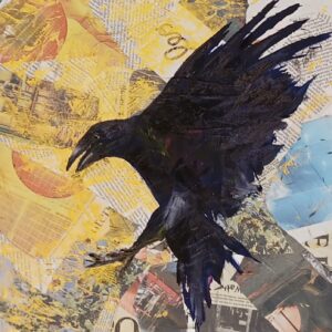 Goldener Rabe, Mixed Media, Ölfarbe auf Zeitung/Leinwand, 40 x 40 cm, 2025