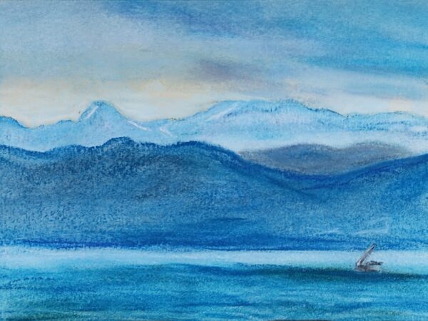 Abend am Bodensee, Aquarell und Pastellkreide, ca. 25 x 21 cm, 2025