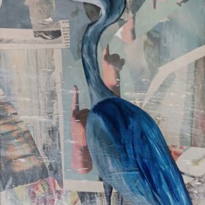 Graureiher, Collage, Öl auf Leinwand/Zeitung, 30 x 40 cm, 2026